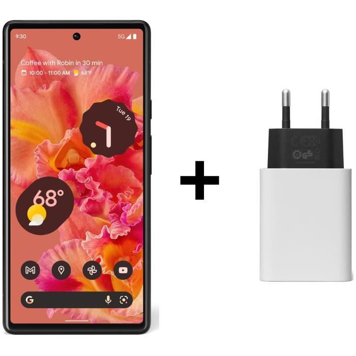 Pack Google : SmartPhone Google Pixel 6 128 Go Noir + Chargeur maison - 30 W - Power Delivery + Câble USB C / USB C - Blanc