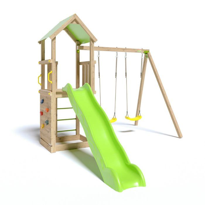 Aire de jeux SMART XPERIENCE, PF 1,20m, bac à sable, mur de grimpe, toboggan 2,63m + extension portique 2,20m, 2 balançoires