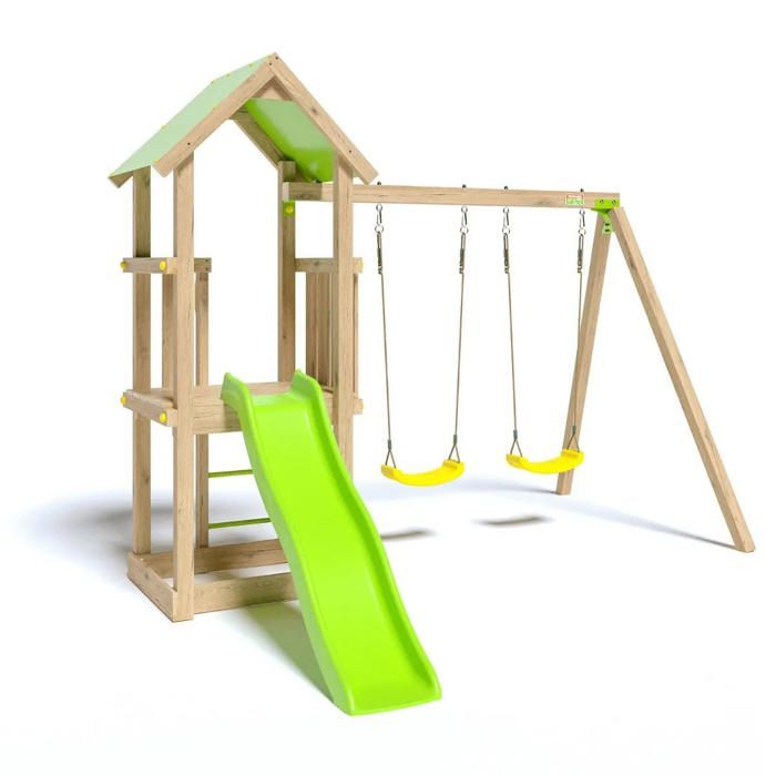 Aire de jeux EASY XPERIENCE, Plateforme 0,90m, bac à sable, toboggan 1,73m + extension portique 1,90m,2 balançoires