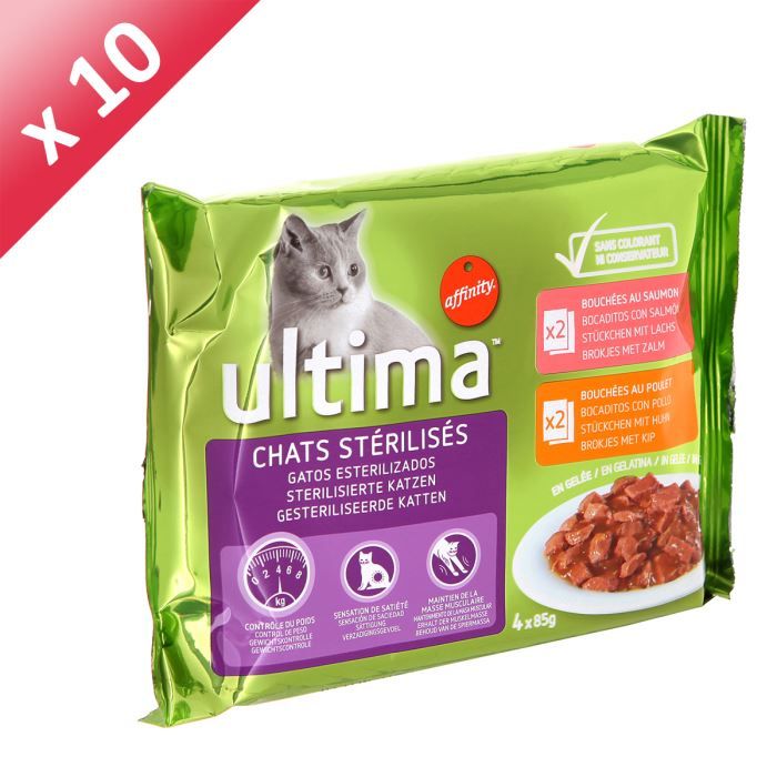 ULTIMA Bouchées en gelée au saumon et au poulet pour chat stérilisés - 4 x 85g (x10) - Pour chat adulte