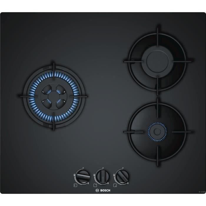 BOSCH PNC6B6B10 Plaque de cuisson gaz - 3 foyers - 7500 W - L 59 x P 52cm - Revêtement verre - Coloris noir