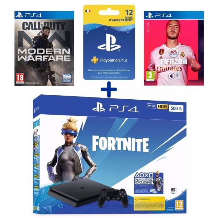 PS4 Slim 500 Go + Call Of Duty Modern Warfare + FIFA 20 + Abonnement 12 Mois PS Plus + Voucher Fortnite
