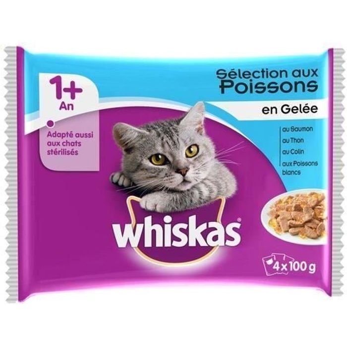 WHISKAS Sachets fraîcheur en gelée - Aux poissons - Pour chat adulte stérilisé - 52 x 100 g