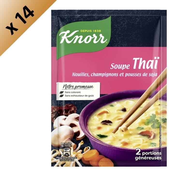 KNORR Soupe Déshydratée Thaï Nouilles Champignons Pousses de Soja - Lot de 14x 69 g