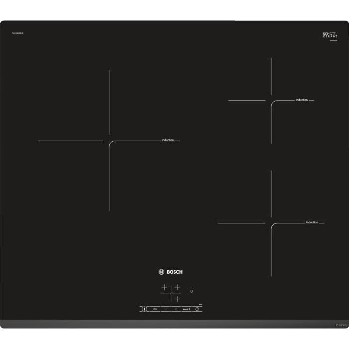 BOSCH PUC631BB1E Table de cuisson induction - 3 foyers - 4600 W - L 59,2 x P 52,2 cm - Revêtement verre - Coloris noir