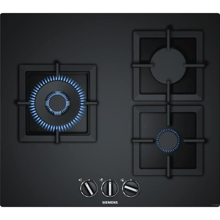 SIEMENS EP6A6CB20 Table de cuisson gaz - 3 foyers - 8000W max - L59 x P52cm - Revêtement verre - Coloris noir