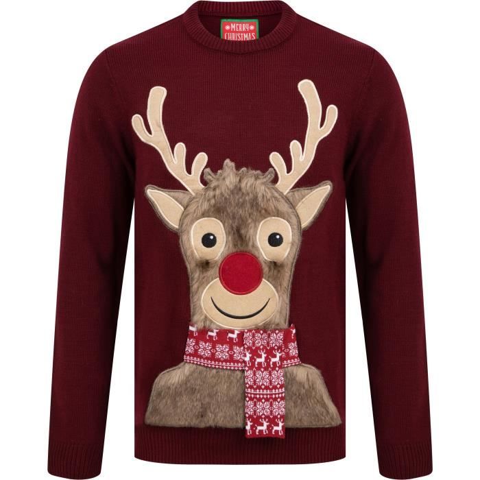 Pull de Noël Tête de Renne Fausse Fourrure Rouge Bordeaux Homme