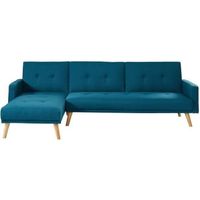 Canapé d'angle LUXI tissu bleu paon convertible au style scandinave