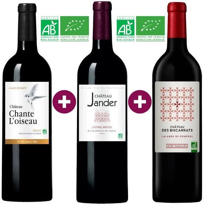 Trio de Bordeaux Bio - Chante l'Oiseau 2019 Graves & Jander 2015 Listrac-Médoc & Biscarrats 2019 Lalande de Pomerol - 3 x 75cl
