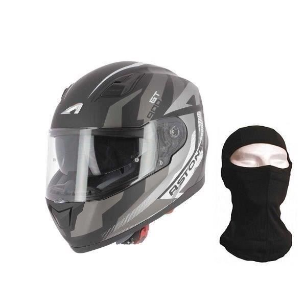 ASTONE Casque moto intégral GT900 Alpha + Cagoule - Noir, gris et blanc