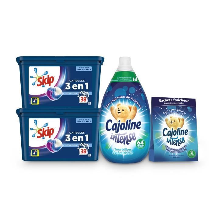 CAJOLINE Kit Soin du Linge Fraîcheur - 1 Adoucissant, 1 lot de 3 Sachets Fraîcheur, 76 Capsules 3en1 Skip