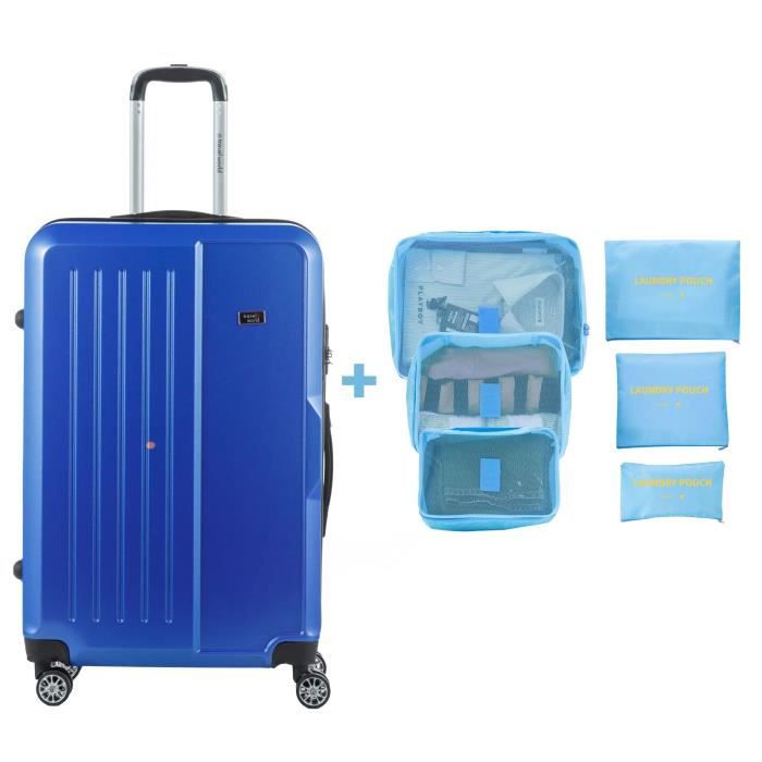 TRAVEL WORLD Valise grande taille 75cm + 6 organisateurs de voyage - Couleur Bleu