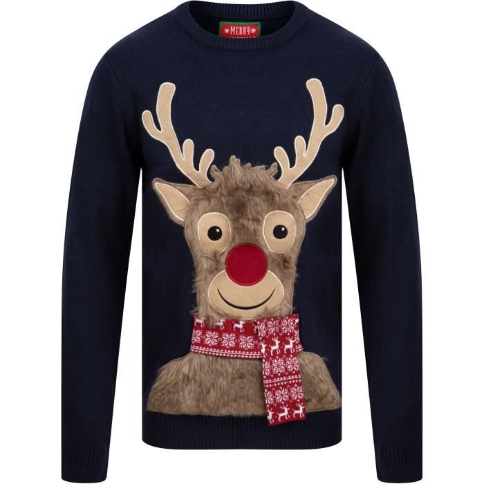 Pull de Noël Tête de Renne Fausse Fourrure Bleu Homme