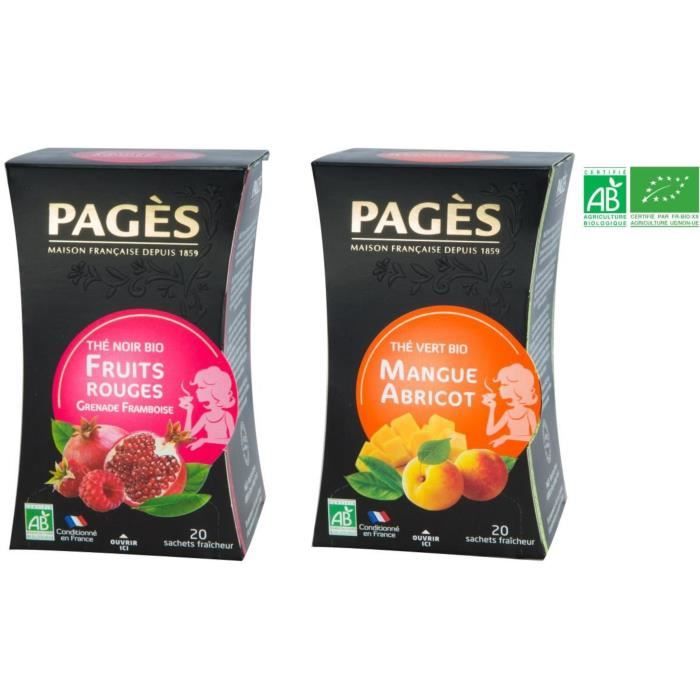 Lot de 100 % Saveurs Duo Thés Bio : Thé Vert Mangue Abricot Bio + Thé Noir Fruits Rouges Bio