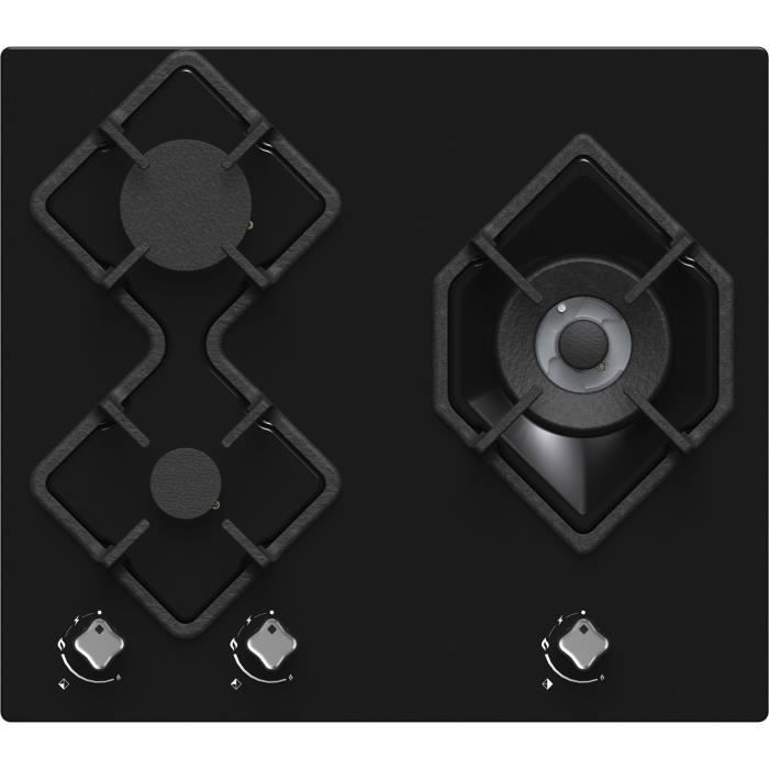 HUDSON HTG 3 BVN - Table de cuisson gaz - 3 foyers - L 60 cm - Revêtement verre - Noir
