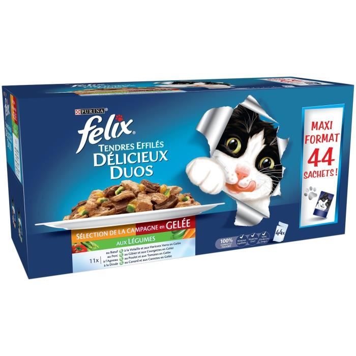 FELIX Tendres Effilés en gelée Délicieux Duos - Sélection de la Campagne aux légumes - Pour chat adulte - 44 x 100 g