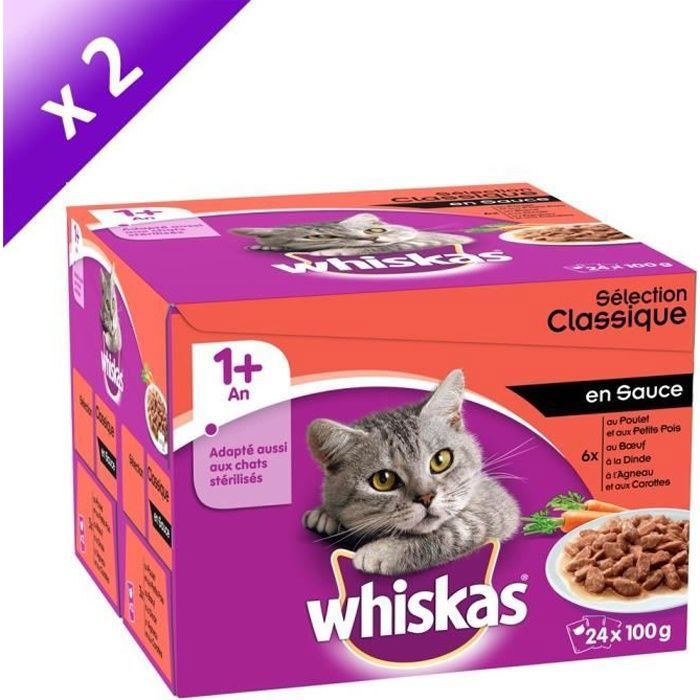 WHISKAS Sachets fraîcheur en sauce - 4 variétés - Pour chat adulte stérilisé - 24 x 100 g (x2)
