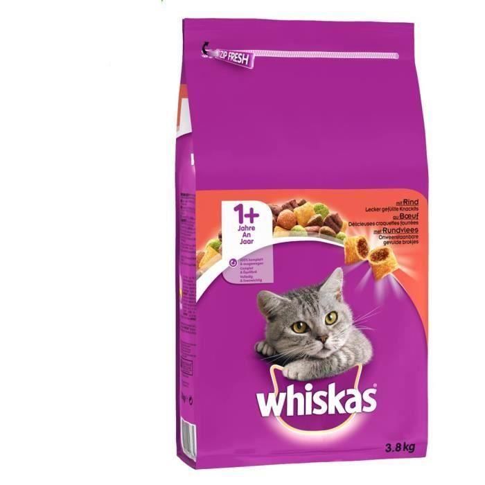 WHISKAS Croquettes au boeuf - Pour chat adulte - 3 x 3,8 kg