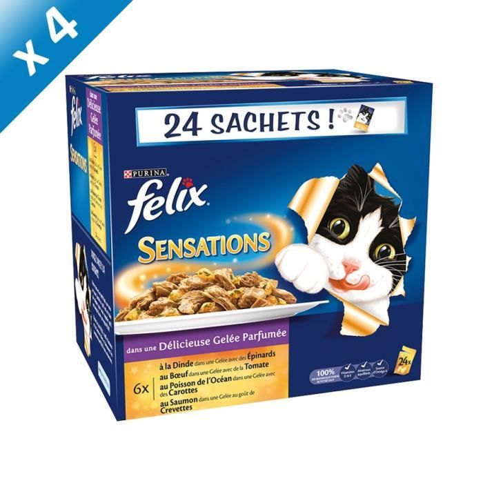 FELIX Sensations en Gelée Viandes-Poissons - 24 x 100 g - Sachets fraîcheur pour chat adulte (x4) - Pour chat adulte