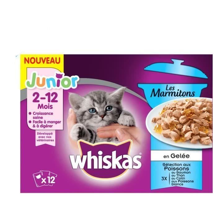 WHISKAS Les Marmitons Junior - Sachets fraîcheur aux poissons en gelée - 4 variétés - Pour chaton - 48 x 85 g
