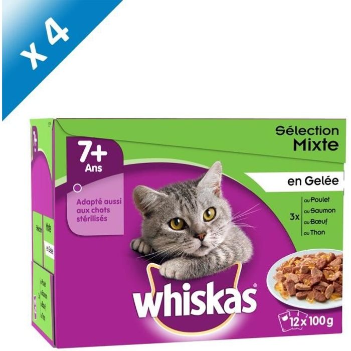 WHISKAS Sachets fraîcheur en gelée - 4 variétés - Pour chat senior stérilisé - 12 x 100 g (x4)