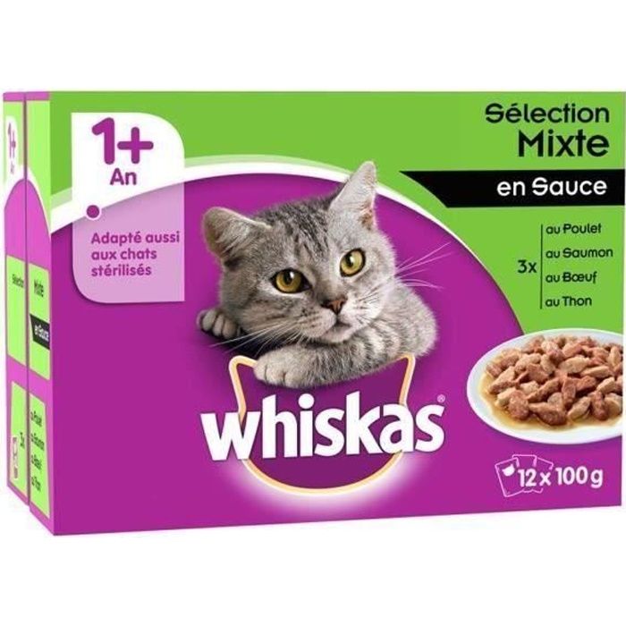 WHISKAS Sachets fraîcheur en sauce - 4 variétés viandes et poissons - Pour chat adulte stérilisé - 48 x 100 g