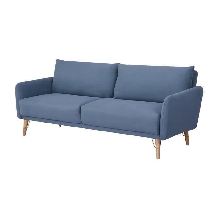 Canapé convertible Clic-clac 3 places - Tissu bleu et pieds en bois - L 200 x P 87 x 84 cm - ARCO