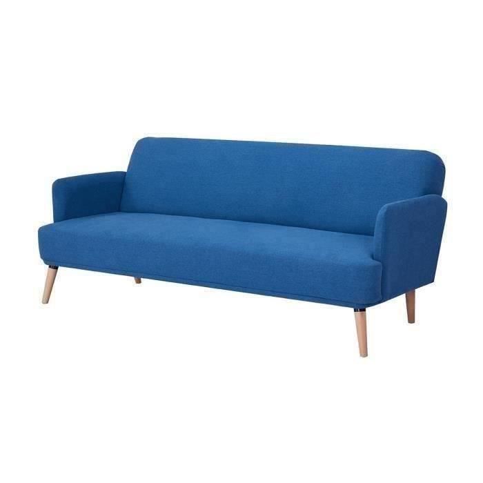 Canapé convertible clic-clac 2 places - Tissu bleu et pieds en bois - L 191 x P 84 x 76 cm - ERNEST