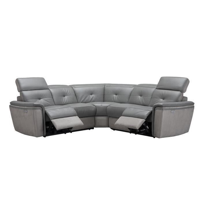 Canapé d'angle avec 2 places relax électrique - Cuir et tissu gris - L 252 x P 252 x H 83 cm - SUNSHINE