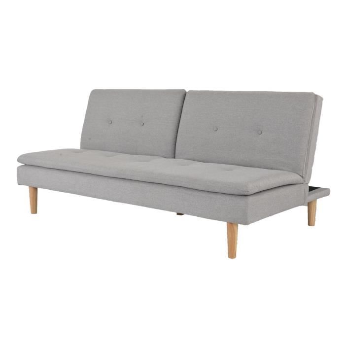 Banquette convertible clic-clac 3 places - Tissu gris et pieds en bois - L 189 x P 100 x H 86 cm - ELIANA