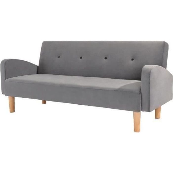 Banquette convertible clic-clac 3 places - Tissu gris et pieds en bois - L 200 x P 83 x H 82,5 cm - OLGA