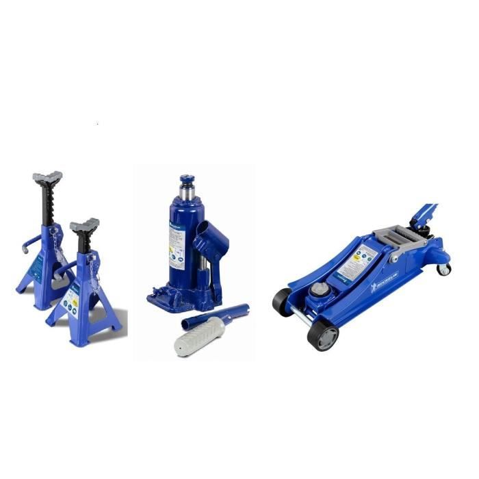 Cric MICHELIN Hydraulique ultra plat 1800kg + crix Bouteille MICHELIN 3 T + Chandelles à crémaillere MICHELIN 2T