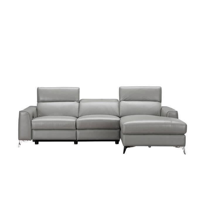 EDISON Canapé d'angle droit contemporain avec 1 place relax électrique Gris - Cuir de vachette - L 266 x P 166 x H 95 cm