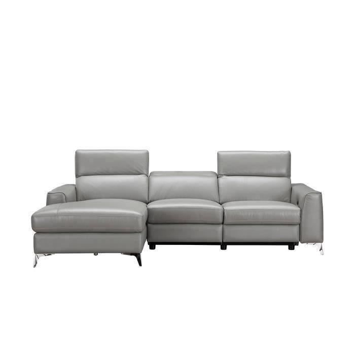 EDISON Canapé d'angle gauche contemporain avec 1 place relax électrique Gris - Cuir de vachette - L 266 x P 166 x H 95 cm