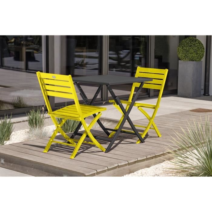 DCB GARDEN Guéridon pliant Marius 70 x 70 cm + 2 chaises pliantes en aluminium - Gris anthracite et jaune
