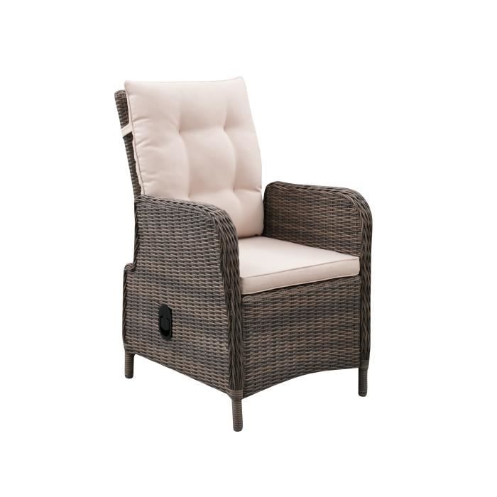 Fauteuil de jardin inclinable en acier et résine tressée - assise et dossier avec coussins - 72,5 x 60,5 x H.95,5 cm - Couleur roti