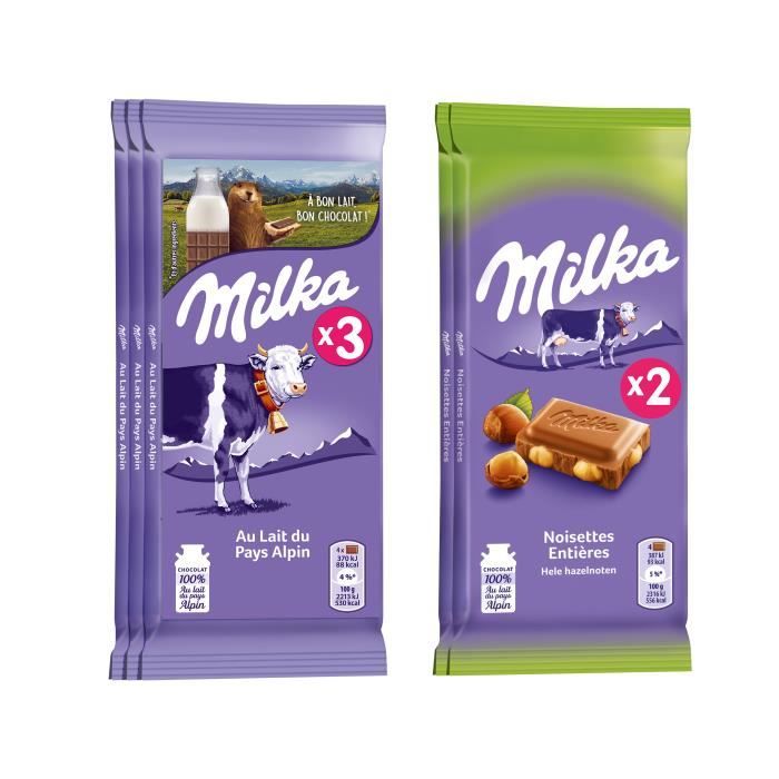 Lot de 3 Tablettes de chocolat Milka au lait 100g et de 2 Tablettes de chocolat au lait noisettes 100g