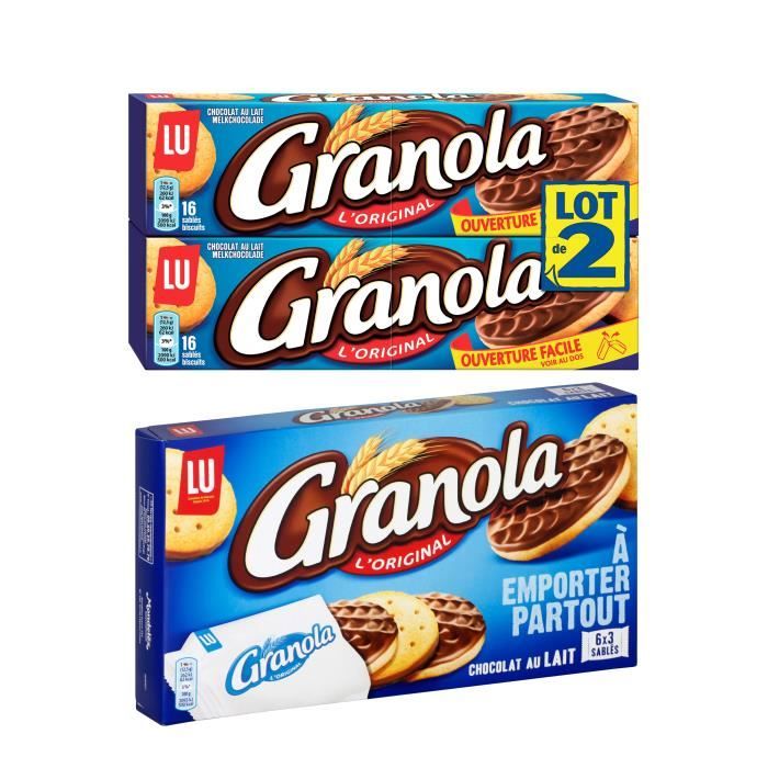 Lot de 2 paquets de biscuits Granola chocolat au lait et 1 paquet de Granola à emporter (6 pochons de 3 sablés)