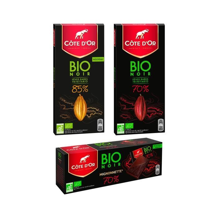 Lot de 2 tablettes de Chocolat noir BIO Côte d'Or (1 Tablette 70% et 1 Tablette 85%) et 1 paquet de mignonettes Côte d'Or Bio