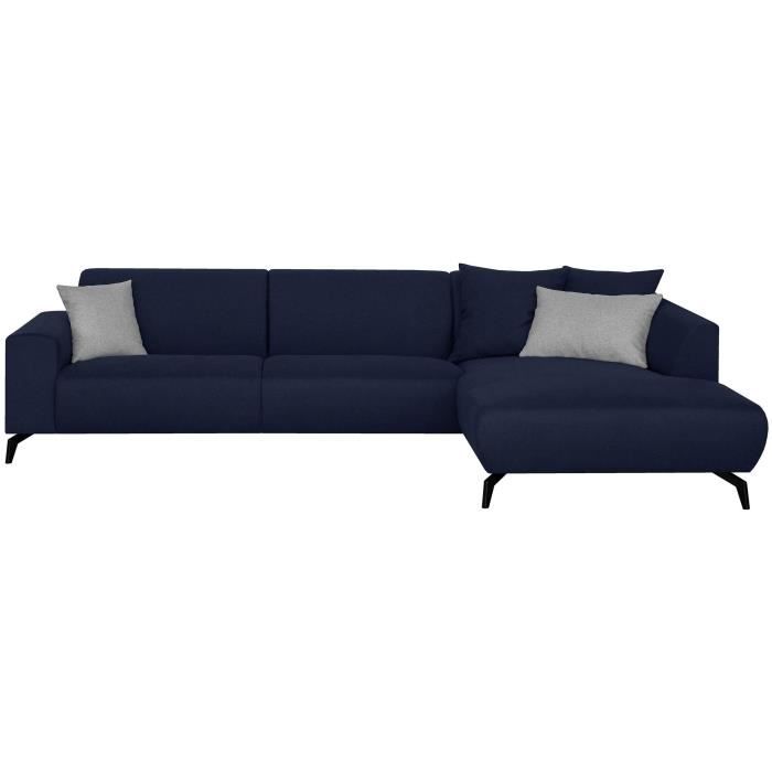 Canapé d'angle droit - Pieds métal - Tissu Bleu - L 290 x P 93/167 x H 74 cm - BUBBLE