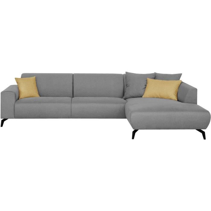 Canapé d'angle droit - Pieds métal - Tissu Gris - L 290 x P 93/167 x H 74 cm - BUBBLE