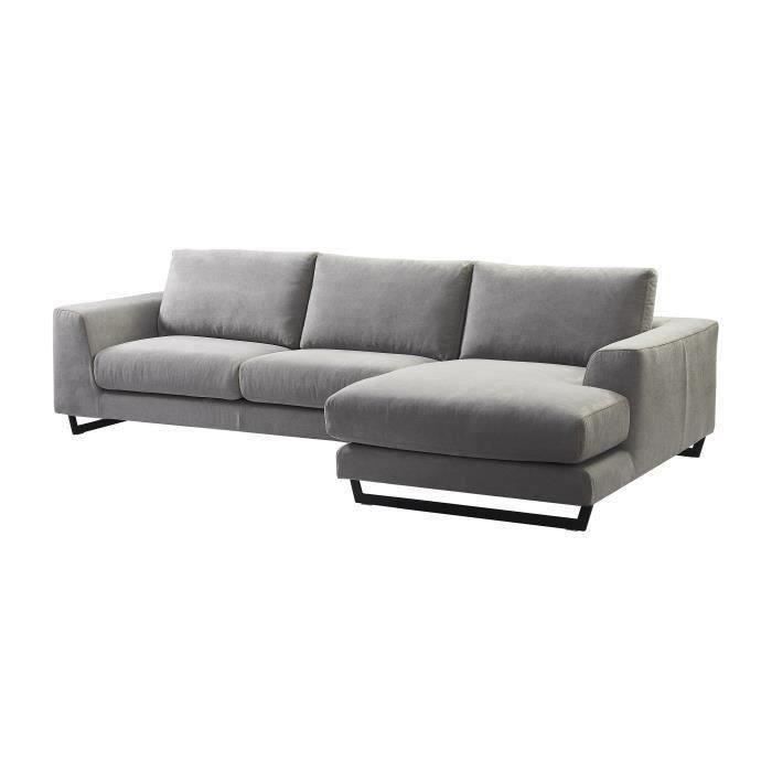 Canapé d'angle droit - Tissu gris chiné - Pieds en métal - L 296 x P 163 x H 82 cm - PALMAS