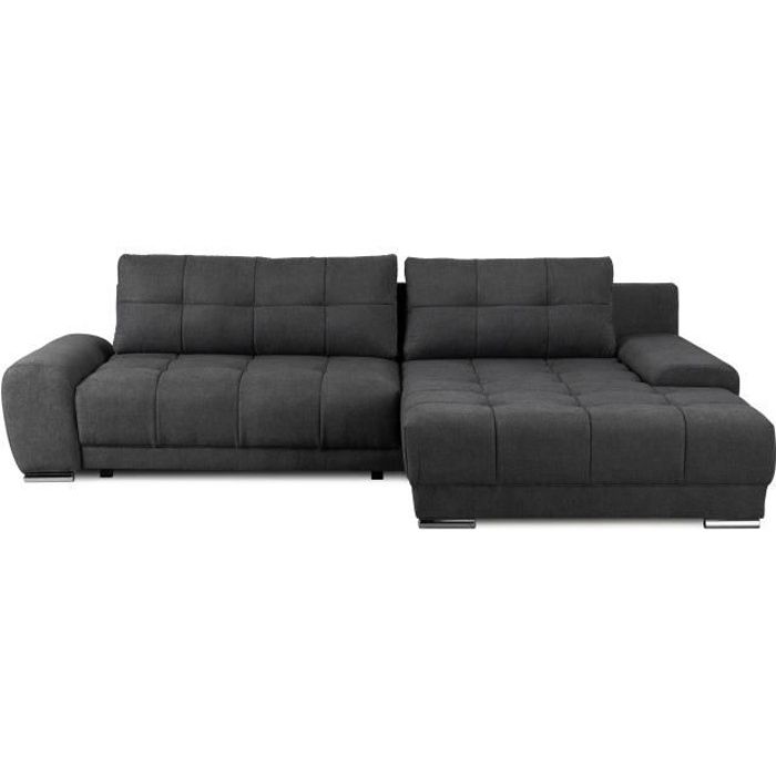 Canapé d'angle droit 4 places convertible + coffre et coussin déco - Tissu gris anthracite - L281 x P 189 cm - WAVE