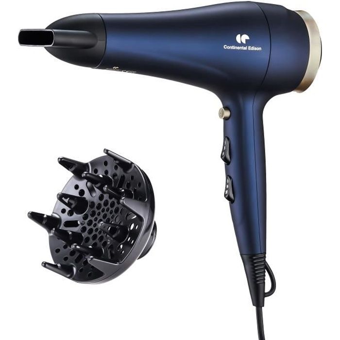 CONTINENTAL EDISON Sèche-Cheveux avec diffuseur - SC2400DIF - 2400W - Fonction Ionique - 3 Températures / 2 Vitesses - Bleu & Or