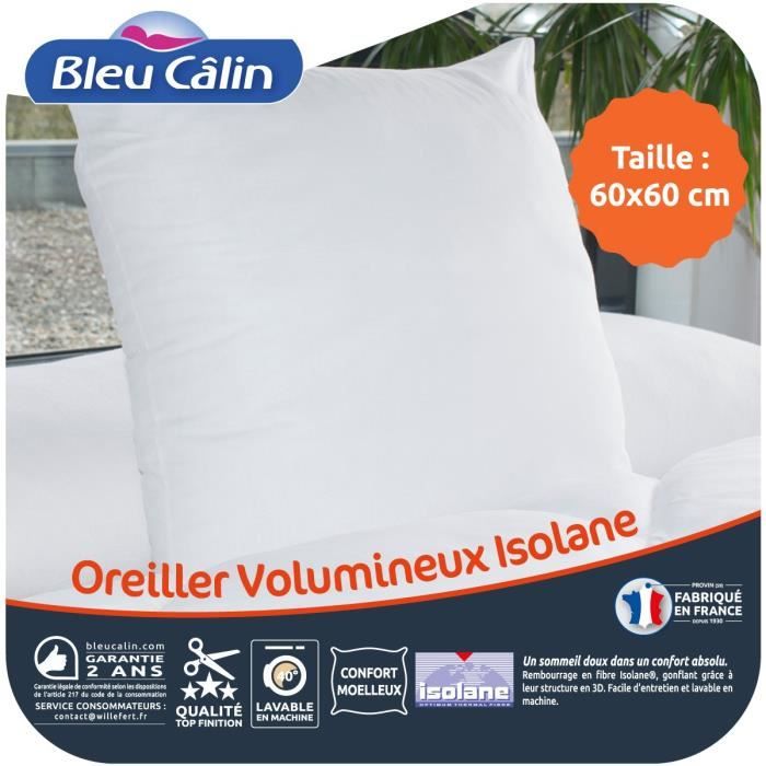 BLEU CALIN Oreiller VOLUMINEUX 100% coton - 60x60 cm