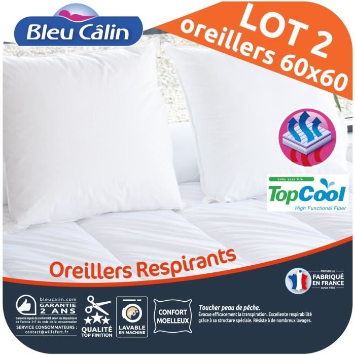 BLEU CALIN Lot de 2 oreillers Respirant TOPCOOL 60x60cm blanc
