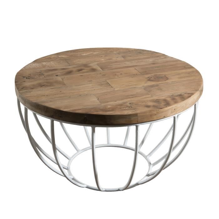 Table basse ronde style industriel en bois teck + pieds en métal et coque blanche - Ø 60 cm
