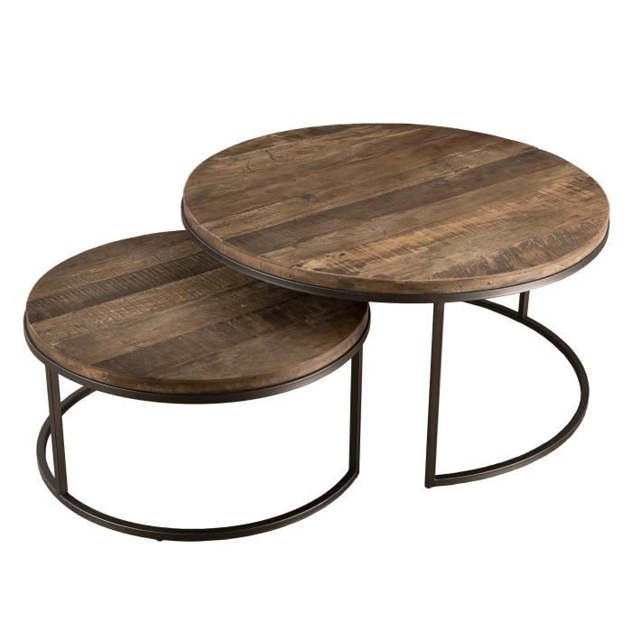 Set de 2 tables basses Gigogne - Rond - Teck recyclé acacia mahogany et métal - Marron - Industriel - L 80 x P 80 x H 40,5 cm