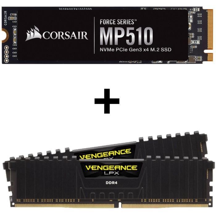 Pack CORSAIR : SSD Interne - Force Series MP510 - 240Go - M.2 Nvme Gen 3 + Mémoire PC DDR4 - Vengeance LPX 16Go (2x8Go) - 3200 MHz