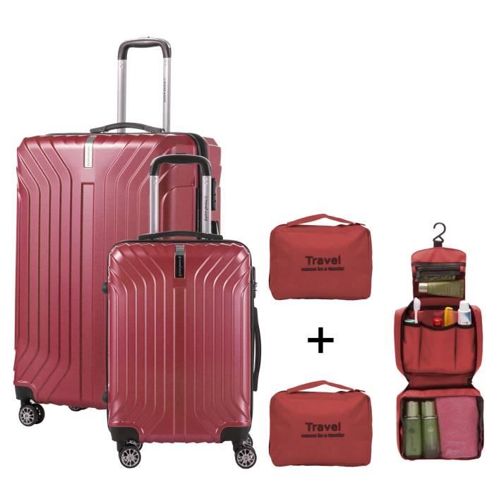 TRAVEL WORLD - Set de 2 valises cabine - Rigides et Grand format - 8 roues - 50-70 cm + Organisateurs de valise - Rouge foncé